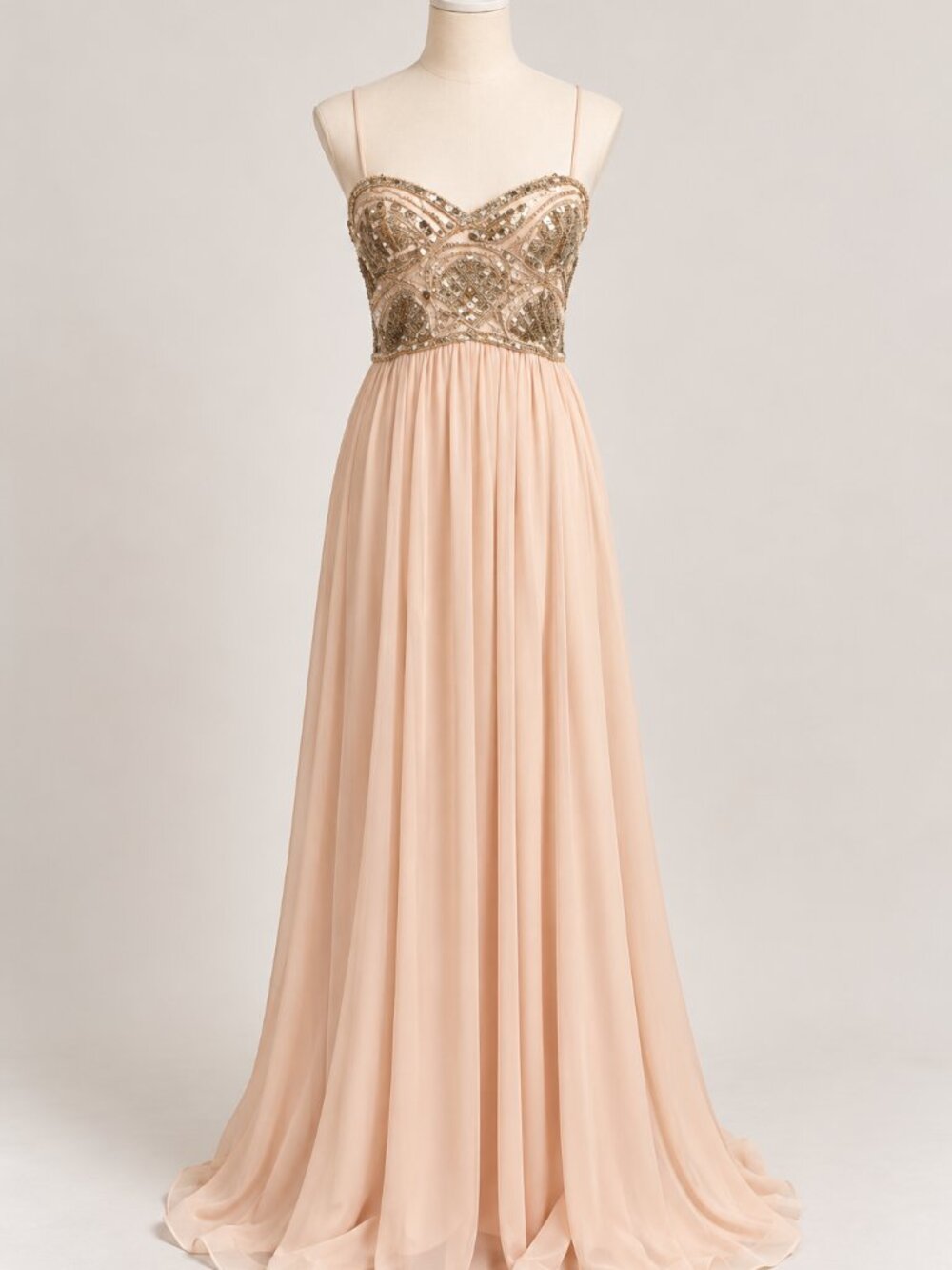 JS Collections full-length evening gown in soft blush/champagne, women’s size 8.